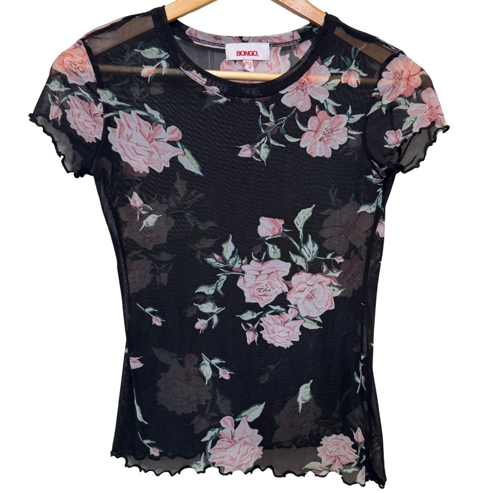 Bongo Womens Mesh Top Size S Black Pink Floral Lettuce Trim Romantic Coquette